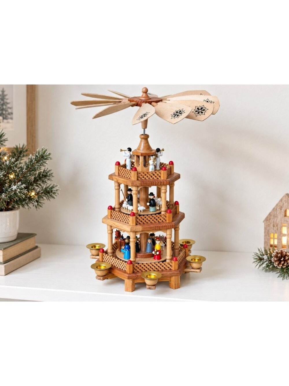 Vintage Lillian Vernon 3 Tier Wooden Christmas Nativity Pyramid Candle Carousel